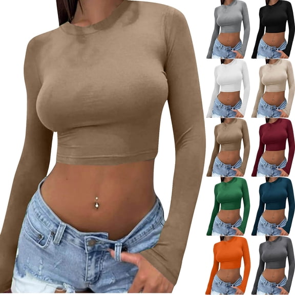 UQJfacai Womens Basic T Shirts Summer Crop Tops Casual Long Sleeve Crewneck Strech Slim Fit Tee Cute Gym Workout Clothes S-2XL