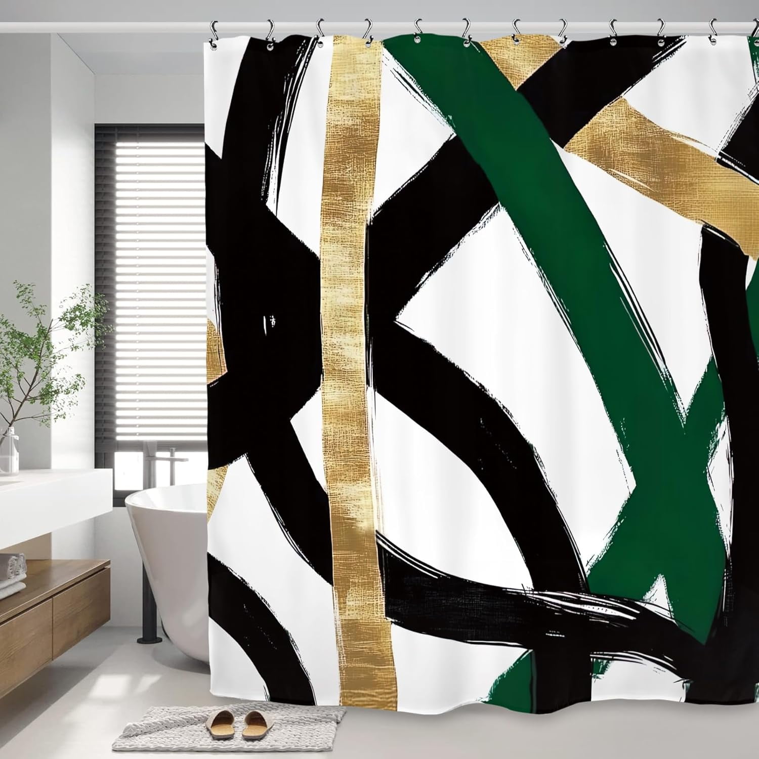 Abstract Emerald Green Black Gold Shower Curtain Modern Minimalist Contemporary Geometric Bathroom Set Accessories Decor with Pack Hooks-36"W x 72"L (Pack of 1)