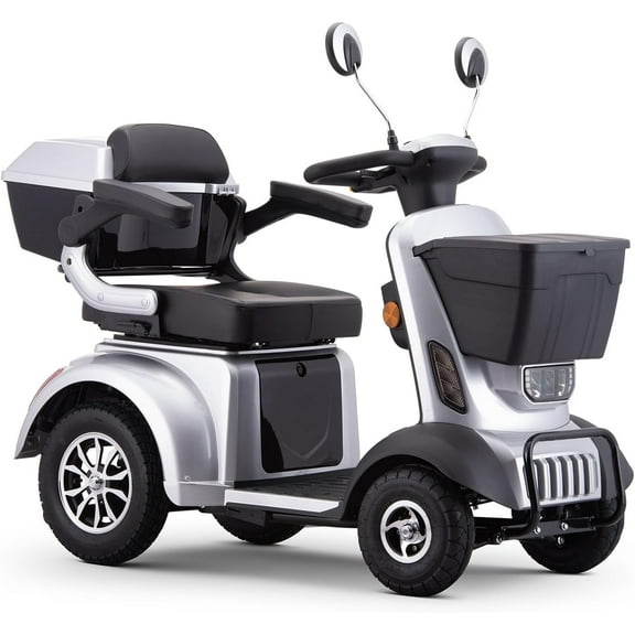 Large 4 Wheels Mobility Scooter (XW-E05B), Electric Heavy Duty Wheelchair Device, 400 LBS Capacity for Seniors & Adults, Speed Adjust, Front-Rear Trunk, No Assemble Required (Silver)