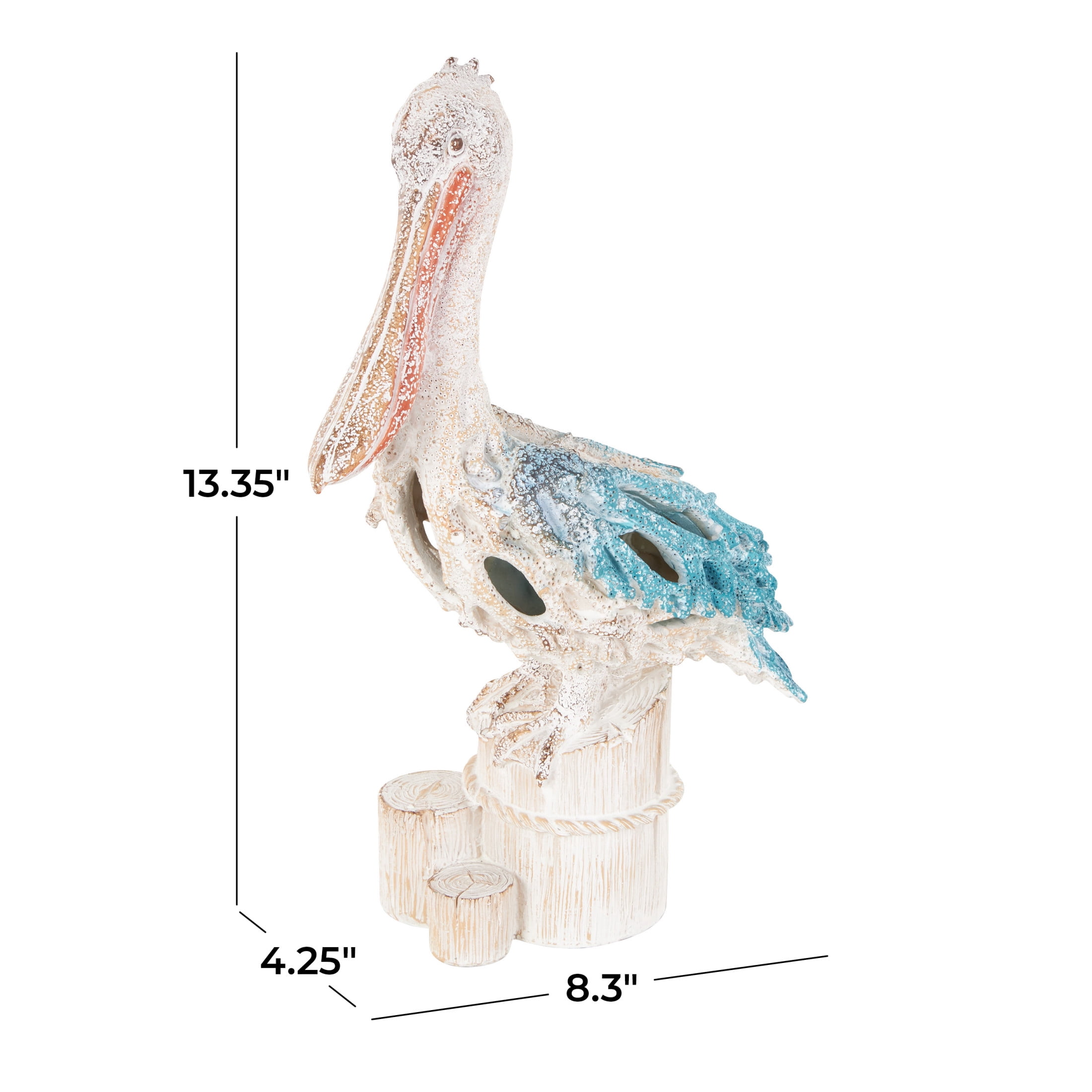 8" x 13" Blue Polystone Textured Pelican Sculpture with Blue Feathers, by DecMode