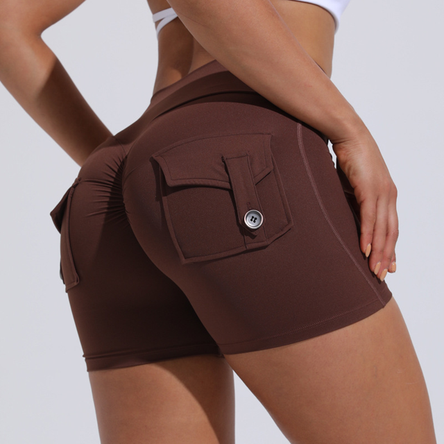 Pantalones cortos de fitness, pantalones deportivos de yoga para mujer, de verano, color melocotón, con bolsillo en la cadera, cintura alta, ropa de yoga de secado rápido, pantalones color melocotón