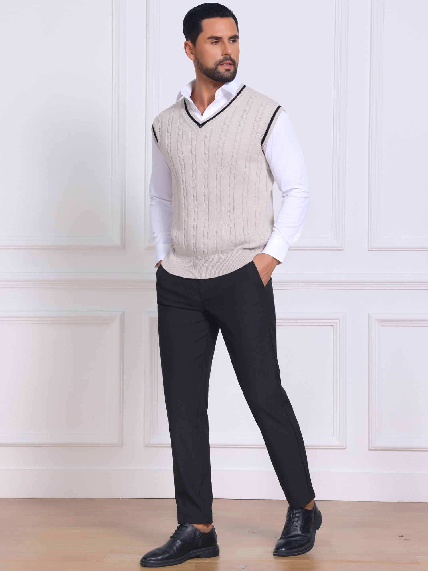DARING DIVA Men's Solid Color V-Neck Sleeveless Cable Knitted Sweater Vest XL Beige