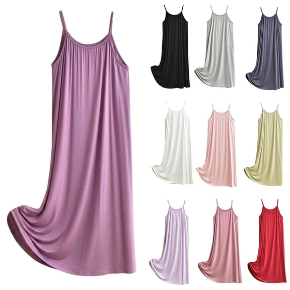 Women's Solid Color Crew Neck Spaghetti Strap Mini Nightgown, Loose Sleeveless Casual Home Sleep Slip Dress Watermelon Red XL(XL)