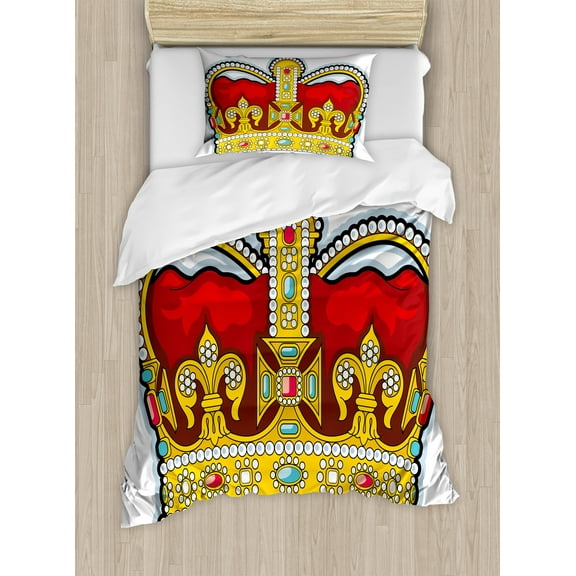 Heraldry Duvet Cover Set, Medieval British Crown with Middle Age Inspired Stones and Forms Art Print, Decorative 2 Piece Bedding Set with 1 Pillow Shams, Twin Size, Ruby Earth Yellow, by Ambesonne