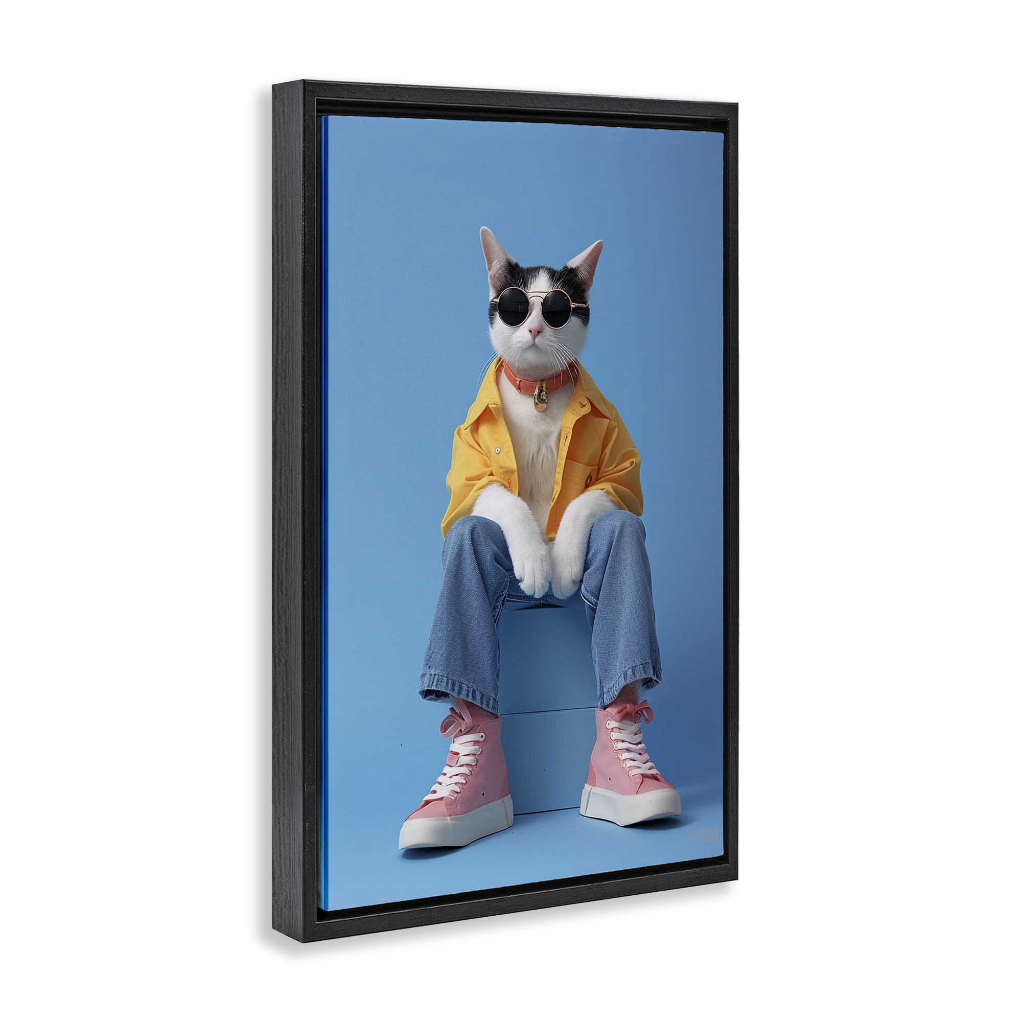 Stupell Industries Urban Fashion Cat Animals & Insects Painting Black Floater Framed Canvas Art Print Wall Art, 17 x 25