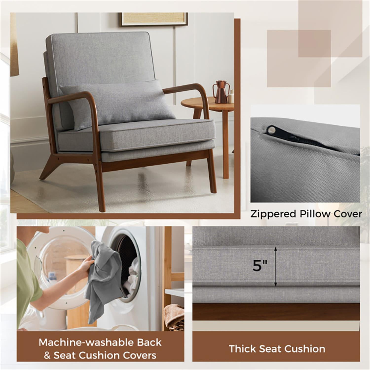 Demi Bonn Modern Accent Chair, Elegant Armchair with Rubber Wood Armrests and Removable Back, Suitable for Living Room Bedroom Reception Room Office, Gray