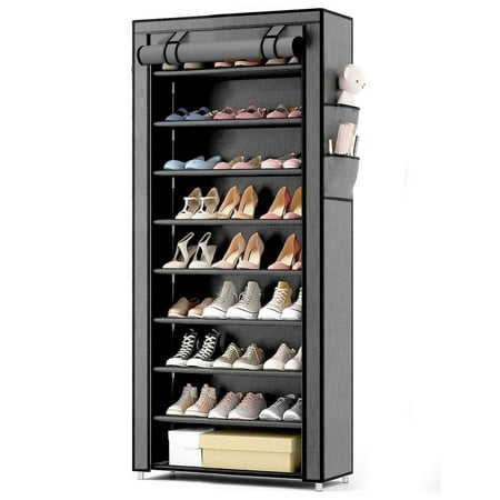 10 Tier Shoe Rack with Covers,Large Capacity Stackable Tall Shoe Organizer Storage Shoes and Boots Sturdy Metal Free Standing Shoe Shelf Organizer for Closet Entryway Garage Bedroom