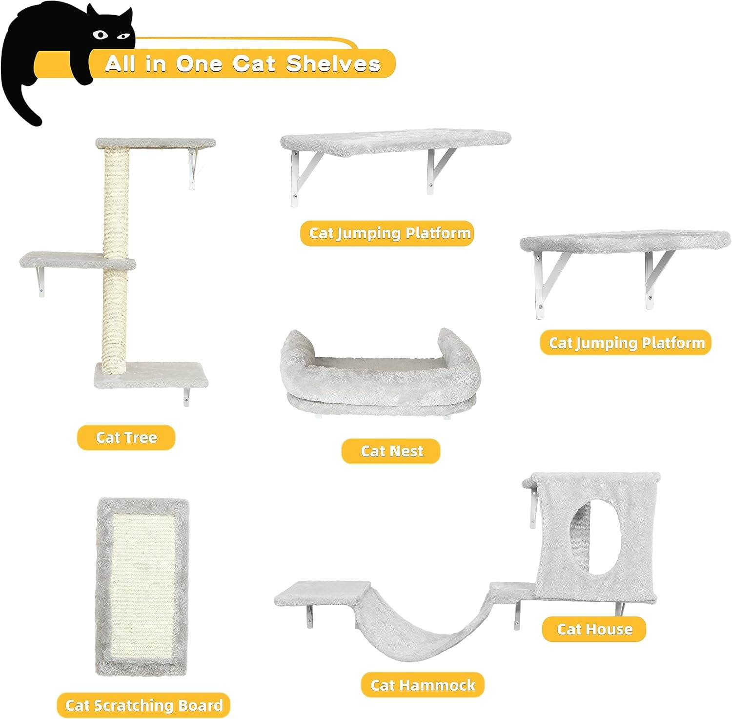 SONGMY Cat Wall Furniture, 6Pc Wall Mounted Cat Furniture Set with House, Bridge, Tree, Steps, Scratcher, DIY Walls Playground, Shelves for Indoor Wall Furniture Set - Gray