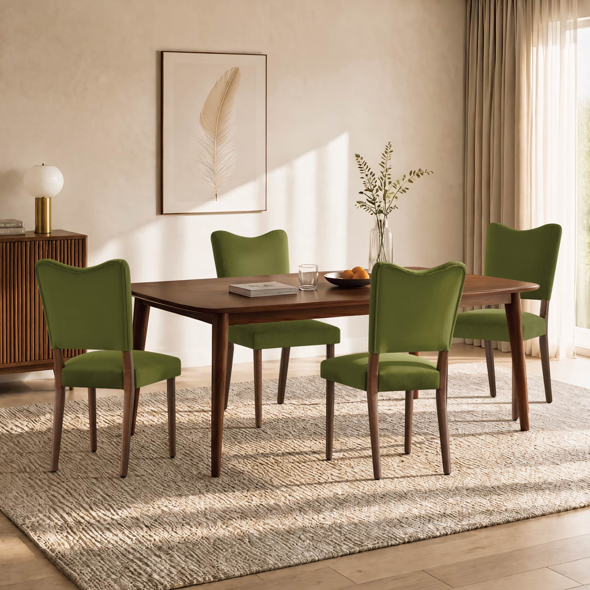 Spruce & Spring Velvet Dining Chair with Curved Back, Upholstered Side Chair with Solid Wood Legs for Dining Room Living Room, Walnut Finish, Set of 2, Green