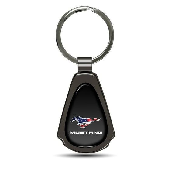 Ford Mustang Pony in USA Flag Black Dome Dark Gunmetal Metal Teardrop Key Chain