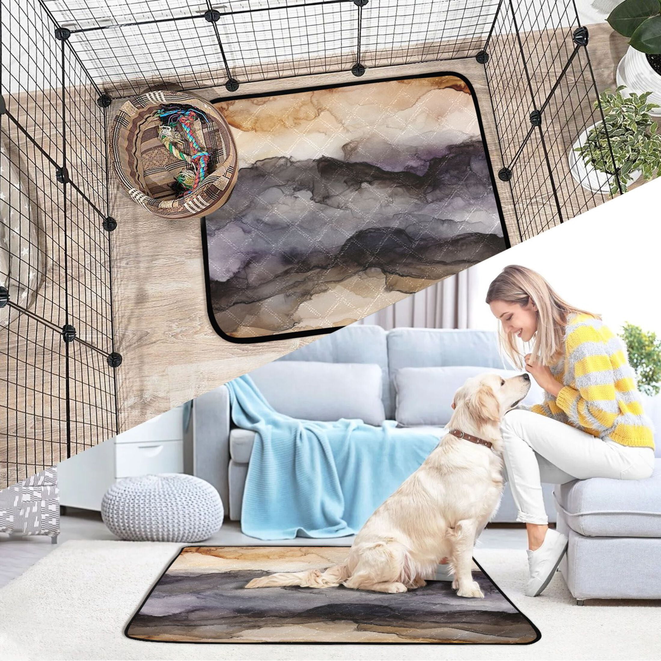 Qxltty Dark Brown Marble Cat litter Pads Pet Set of 3 Diaper Mats Center Anti-leakage Layer Absorbent Soft and Comfortable