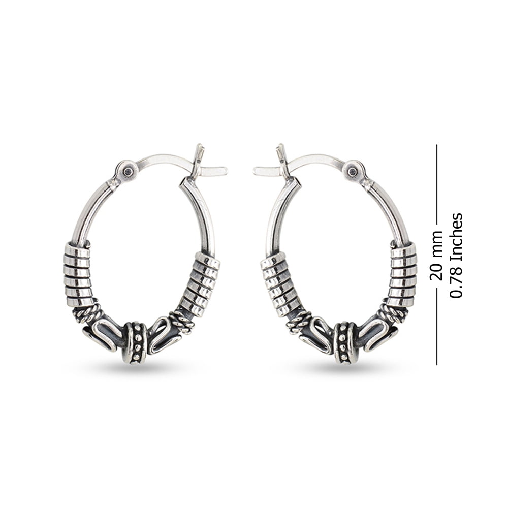 LeCalla 925 Sterling Silver Jewelry Light-Weight Oxidized Tribal Bali Hoop Earring for Women and Teen 20MM
