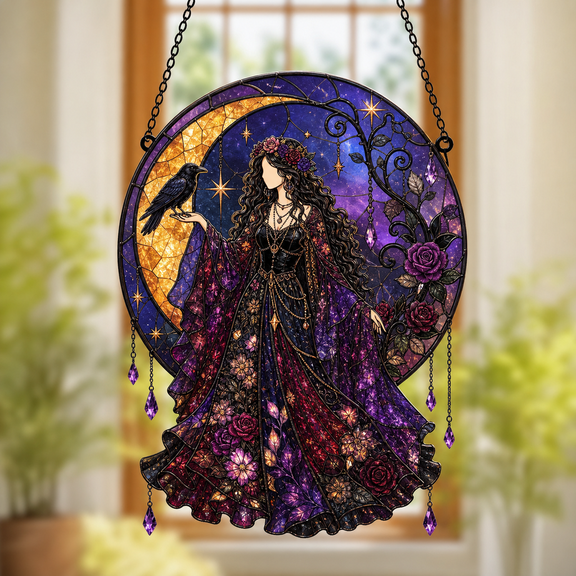 Suncatcher Witch Raven Moon Faux Stained Glass Window Hanging for Gothic Decor Lovers
