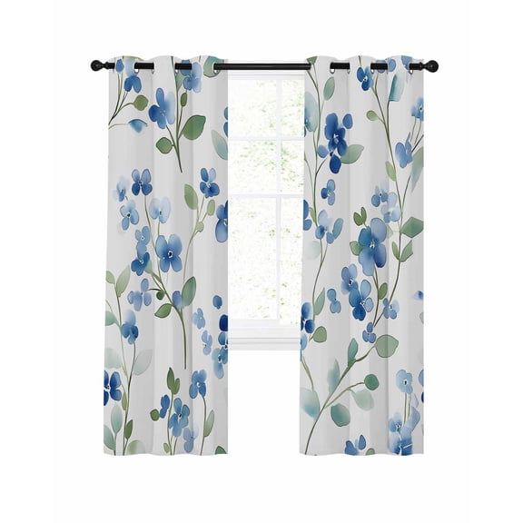 Spring Blue Floral Blackout Curtains 90 Inches Long for Bedroom, Ombre Garden Flower Botanical Blooms Thermal Insulated Room Darkening Black Out Window Curtain Panels Grommet Drapes for Living Room