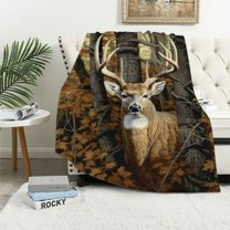 JEUXUS  Camo Buck Deer Blanket for Bed,  Queen Size Woodland Throw Blanket for Men, Women and Kids - Super Soft Plush Deer Blanket Throw, Queen Size Blanket