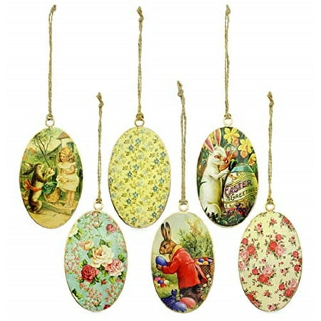AuldHome Design Vintage Style Egg-Shaped Easter Decorations (Set of 6); Bunny and Egg Ornaments