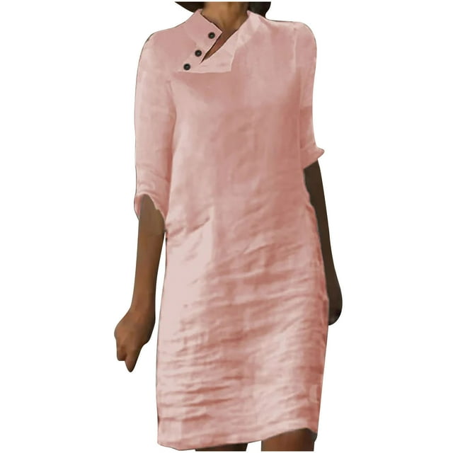 Robe d'Été en Coton et Lin pour Femme, Couleur Unie, Manches Mi-Longues, Robe T-Shirt Droite, Col Montant à Boutons, Tunique Décontractée Ample