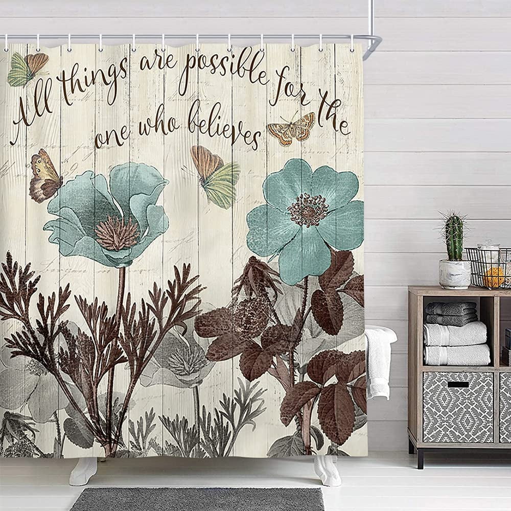 Elegant Teal Tulip Shower Curtain, Rustic Brown and Teal Fabric Bath Curtains, Waterproof Polyester Vintage Farmhouse Floral Flowers on Retro Beige Wooden Washroom Bathroom Accessory Sets (72X72)