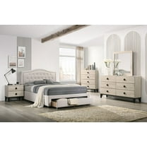 Transitional Light Brown Queen Size Bed Dresser Mirror Nightstand 4pc Bedroom Set Tufted Burlap Fabric Storage Bed