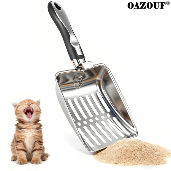 OAZOUF Stainless Steel Cat Little Scoop: Metal Cat Scooper with Ergonomic Handle & Buckle for Easy Waste Removal and Cleaning (Silver)