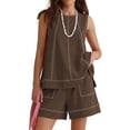 thumbnail image 2 of Women'S Two Piece Short Sets Sleeveless Tank Tops Drawstring Elastic Waist Shorts with Pockets Dark Brown XL, 2 of 9