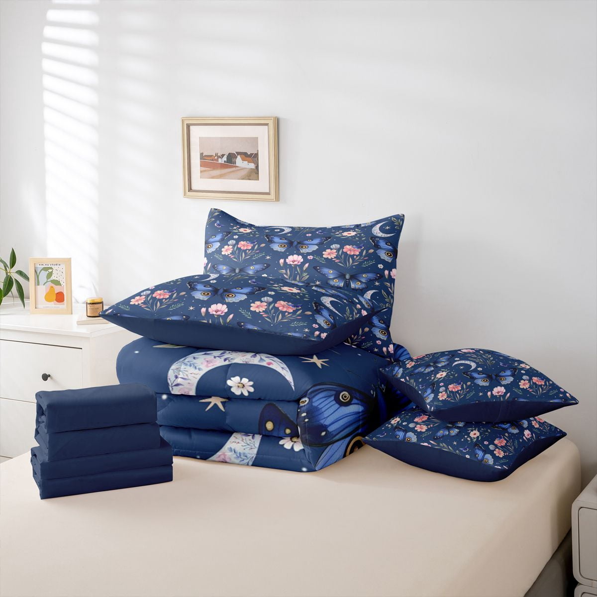 Homewish Flying Blue Butterflies 7 Pieces Bedding Comforter Set for Teens Female Men,Pink Floral Flower Full Bedding Set Lightweight,Dreamy Princess Fitted Sheet Flat Sheet,Microfiber Bedroom Decor