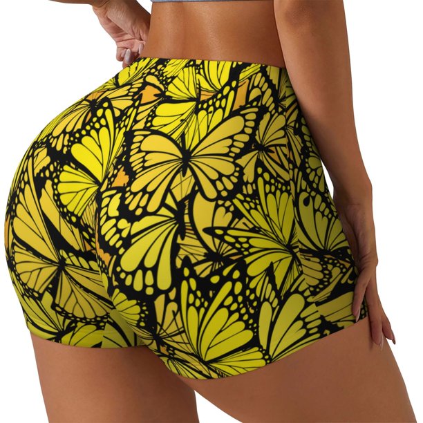 Fotbe Yellow Butterflies Shorts Sin Costuras – Shorts Deportivos de Cintura Alta para Mujer, Elásticos para Gimnasio, Yoga, Running o Ciclismo-Small