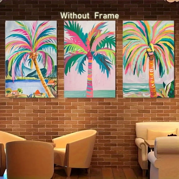 3pcs Tropical Palm Tree Canvas Wall Art Set - Waterproof Modern Minimalist Beach Paintings with Vibrant Pink, Blue, Green & Yellow Colors - Frameless Wrapped Canvas for Living Room, Bedroom, Office