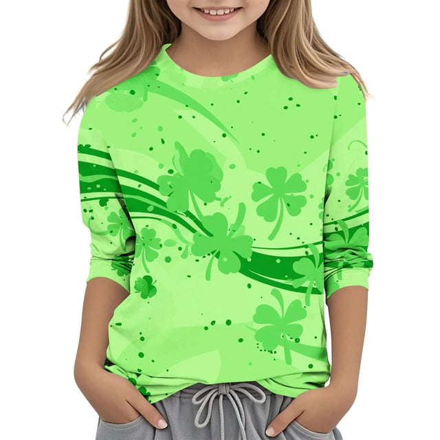 Posijego T-Shirt Filles Garçons Fête de la Saint-Patrick Manches 3/4 Col Rond Graphique Tee Ample Décontracté