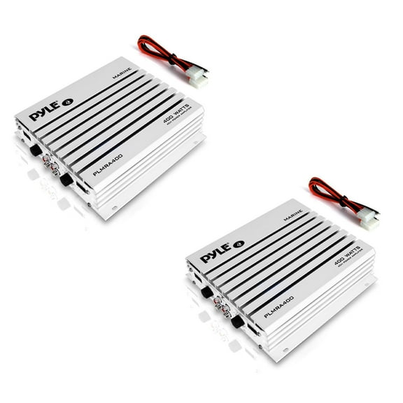 Pyle PLMRA400 400 Watt 4 Channel Marine Boat Audio Amplifier, White (2 Pack)