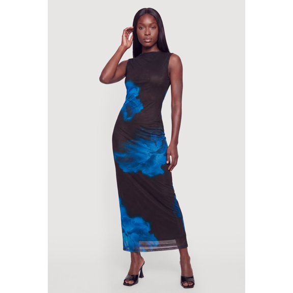 Women's Floral Mesh Side Ruched Mock Neck Maxi Dress