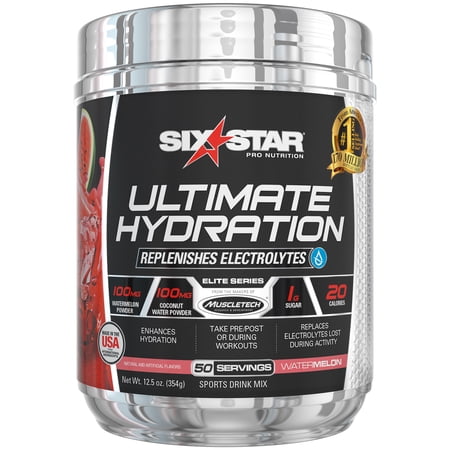 Six Star Ultimate Hydration - Replenishes Electrolytes, with 100 mg Coconut Water Powder, Watermelon, 50 servings
