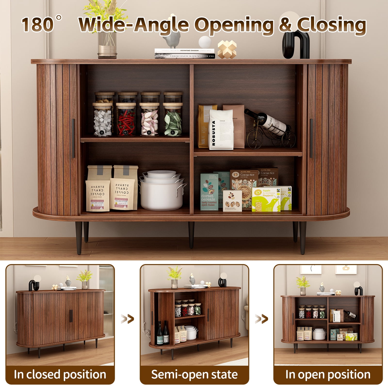 47"W x 29"H Buffet Sideboard Cabinet with Storage, Fluted Storage Accent Cabinet with Curvy Edge, Sliding Door, Credenza, Console Table for Living, Dining Room, Kitchen, Hallway