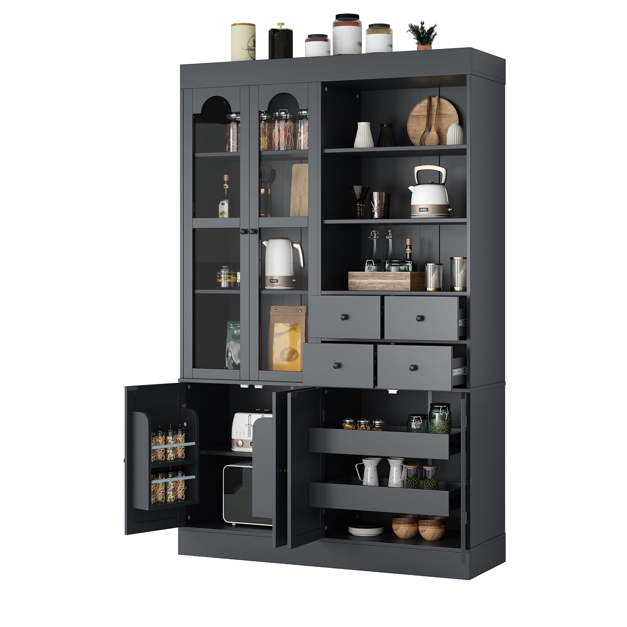 Euroco 47.2x15.7x75inch Freestanding Buffet with Hutch, Tall Kitchen Pantry Cabinet with 4 Drawers, Door Shelves and Pull-out Trays for Dining room, Living Room, Gray