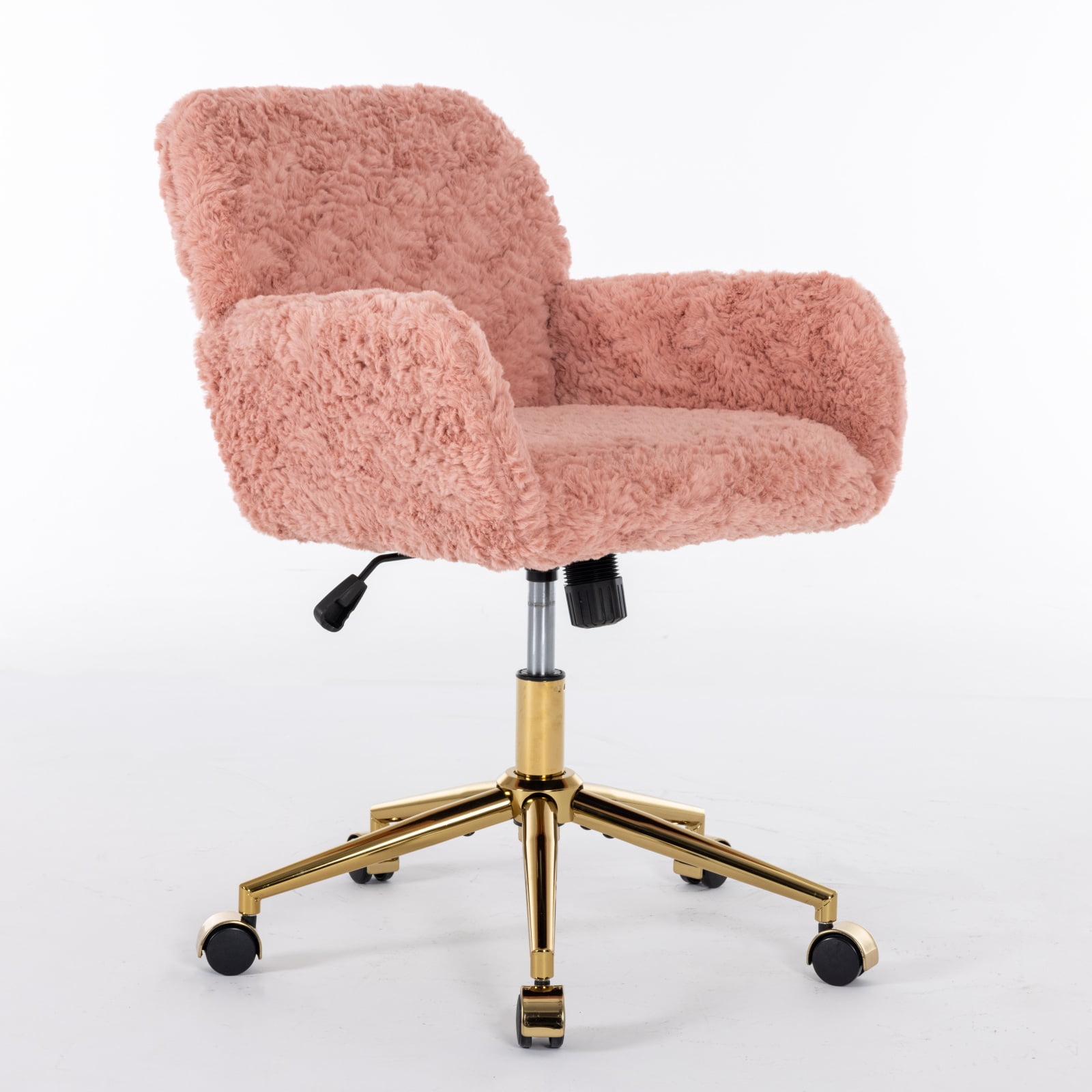 Furniture Office Chair, Artificial Rabbit Hair Home Chair with Golden Metal Base, Adjustable Desk Chair Swivel Office Chair, Vanity Chair (Pink)