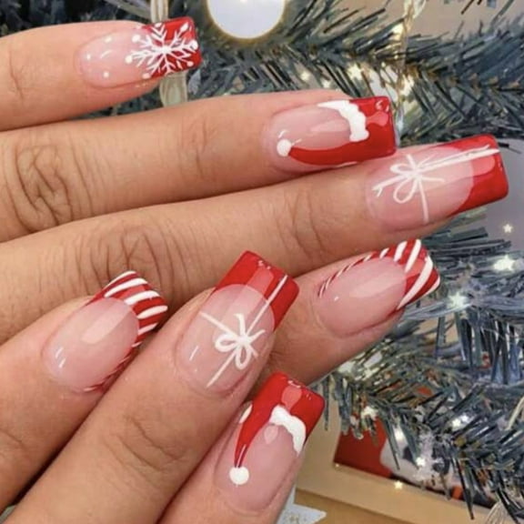 Aellinatey Holiday Themed Press On Nails Set 24Pcs False Nail with Snowflake Designs