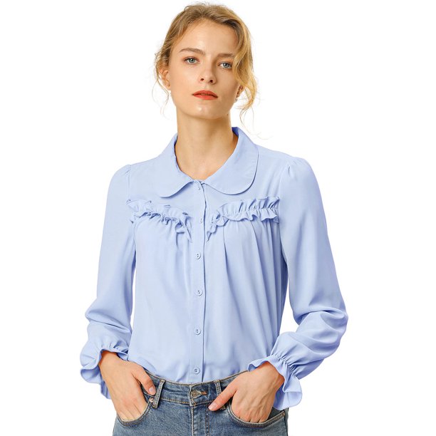 INSPIRE CHIC Blusa Camisa Tops Con Botones Manga Larga Pu?o Elástico Detalle De Volantes Para Mujeres Azul Claro XS