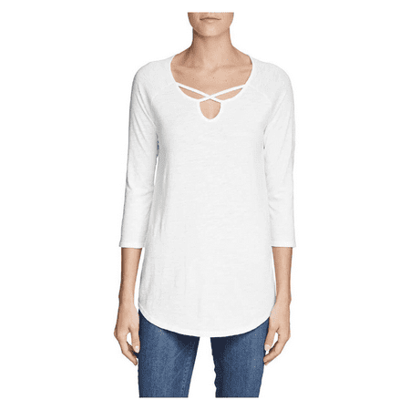 Eddie Bauer Women's Gate Check 3/4-Sleeve Cross-Front Tunic, White, Sz Small.