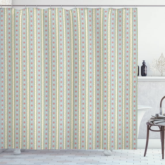 Vintage Shower Curtain, Retro Vertical Stripes and Stars with Pastel Colors Ornamental Symbols Pattern, Fabric Bathroom Set with Hooks, 69W X 84L Inches Extra Long, Multicolor, by Ambesonne