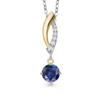 Gem Stone King 925 Silver and 10K Yellow Gold Blue Created Sapphire and White Lab Grown Diamond Pendant Necklace for Women | 0.63 Cttw | Gemstone September Birthstone | Round 5MM | With 18 inch Chain