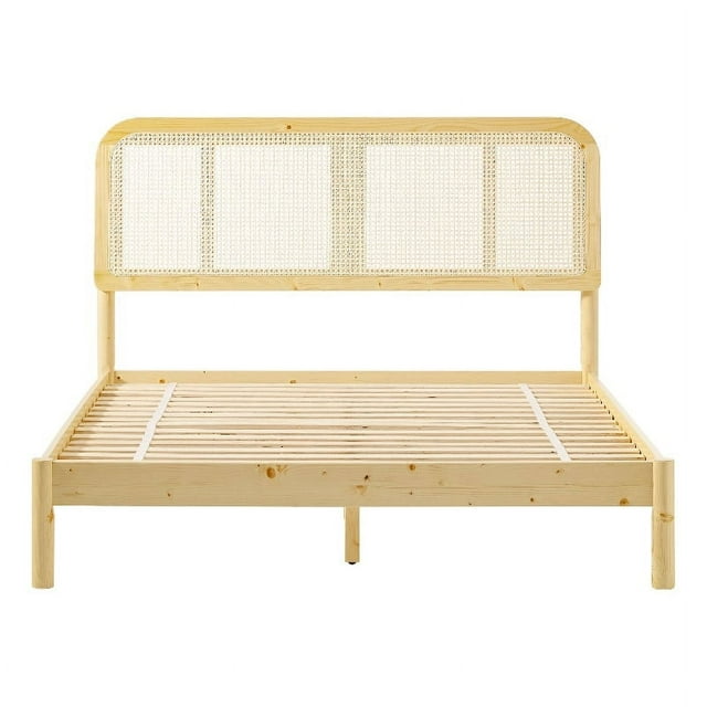Curved Rattan Headboard Solid Wood Queen Bedframe - Queen Size - Natural