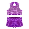 thumbnail image 4 of Yruioon Girls Two Piece Dance Sports Outfits Sleeveless Sequins Crop Tops with Shorts Set Gym Outfit Purple 6, 4 of 7