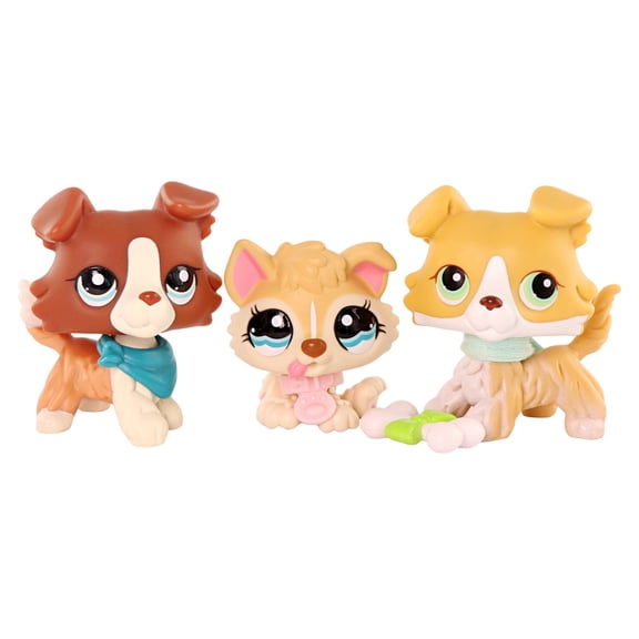 3 PCS Minilpsshop Pets Little Dog Figurines Toys Collie #1542 #272 Husky Puppy #1013 with Accessories