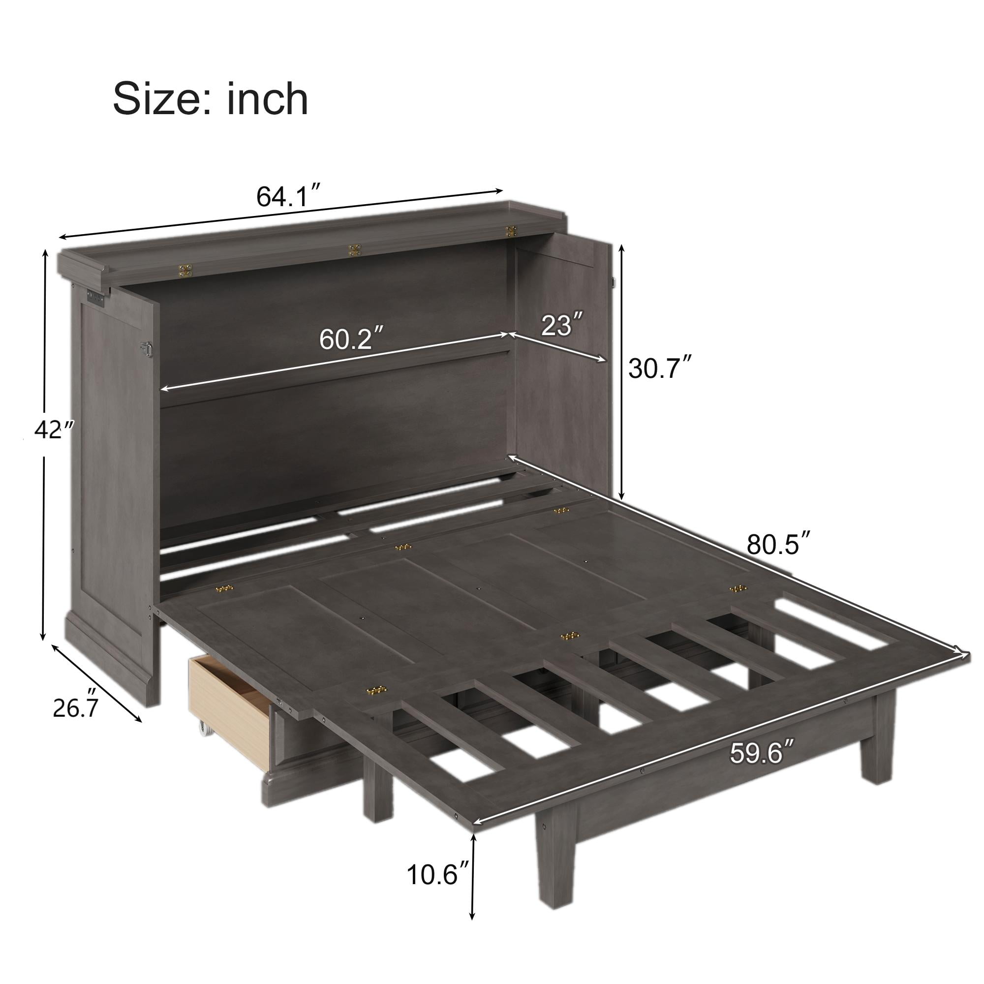 Euroco Wood Queen Size Murphy Bed with Drawers and USB Charging, Convertible Bed for Adults, Gray