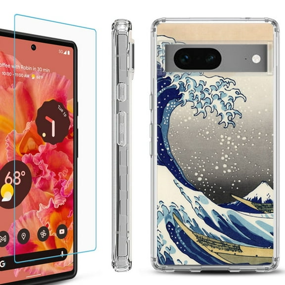 Shockproof Bumper Phone Case for Google Pixel 7, with Tempered Glass Screen Protector, by OneToughShield ® - Great Wave