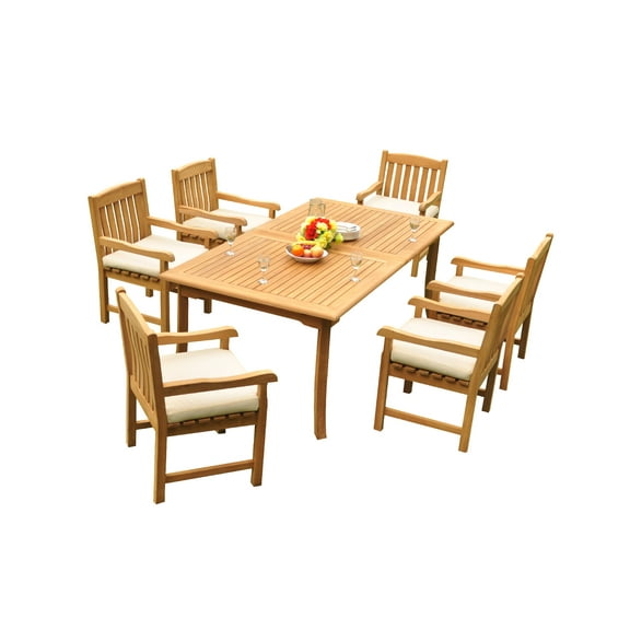 Grade-A Teak Dining Set: 6 Seater 7 Pc: 118" Rectangle Table And 6 Devon Arm Chairs Outdoor Patio WholesaleTeak #51DV2407