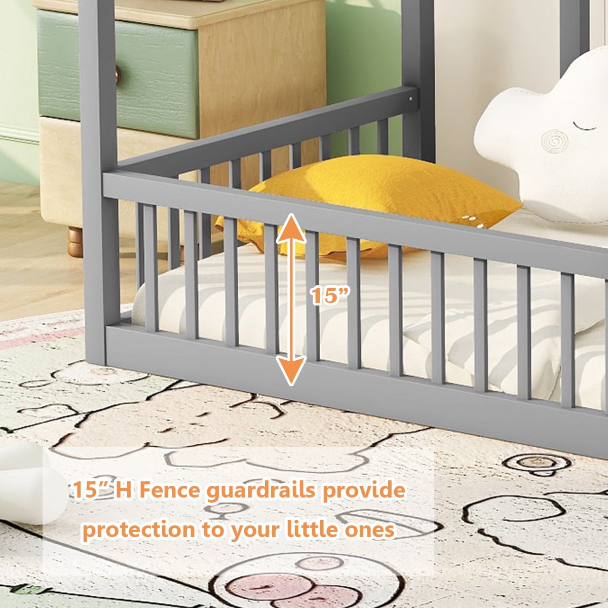 Bellemave Twin Size Wood House-Shaped Floor Bed with Fence, Guardrails, Montessori Floor Bed House Bed Frame with Roof (Twin, Gray)