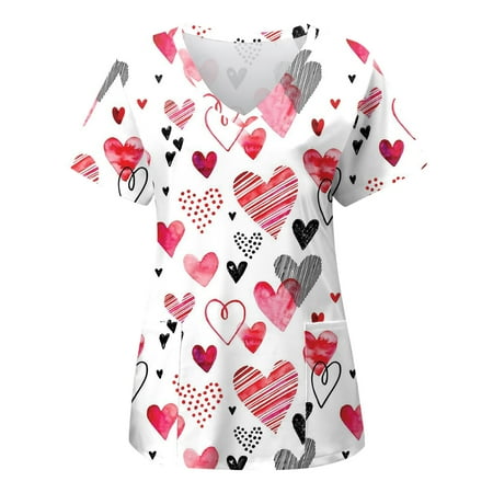 

Valentine s Day Womens Casual Print Short Sleeve Pocket Clothes T Shirt Top Neck Scrub