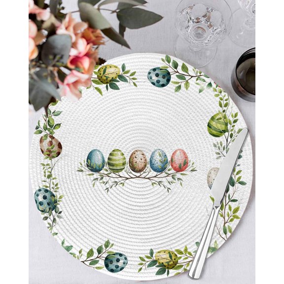 13 Inch Round Placemats Set of 4, Green Eggs Easter Non Slip Heat Insulation PP Table Mats, Leaves Elegant Pastoral Botanical Washable Place Mats for Kitchen Dining Party Table Decor
