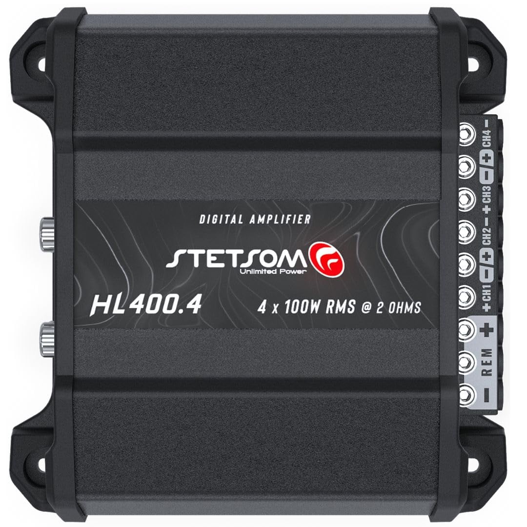 Stetsom HL 400x4 2 Ohms - Compact Digital 4 Channel Amplifier, 400W RMS 400x4, Full Range, High Input, Bass Boost Gain + 14db (Variable Adjustment 30-75hz), Multichannel, Digital Sound, Crossover